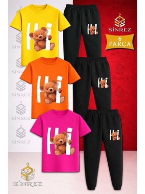 Çocuk Hı Ayıcık Yazı Icınde Baskılı 3lü Tişort Eşofman Takımı