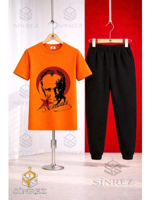 Çocuk Ataturk Kırmızı Ay Yıldızlı Sıyah Baskılı Tişort Eşofman Takımı