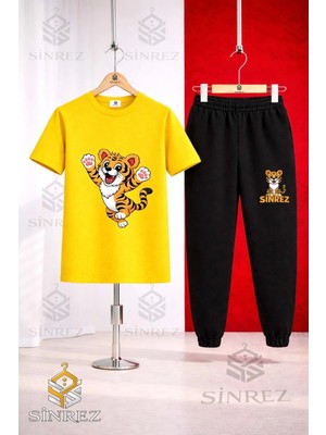 Çocuk Kaplan Eller Havada Baskılı Tişort Eşofman Takımı