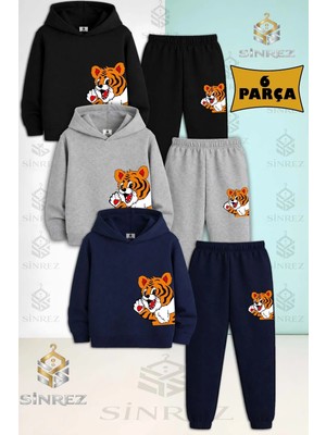 Çocuk Unısex Yandan Sevımlı Kaplancık 3lu Kapşonlu Eşofman Takımı