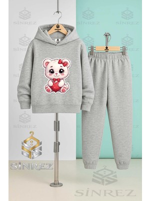 Çocuk Unısex Kedı Sevımlı Kalp Pembe Kapşonlu Eşofman Takımı