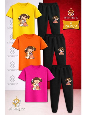 Çocuk Kız Kopekle Sarılan Baskılı 3lü Tişort Eşofman Takımı