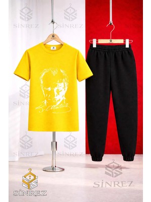 Çocuk Ataturk Imzalı Beyaz Baskılı Tişort Eşofman Takımı