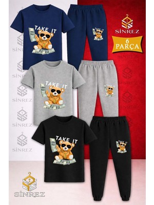 Çocuk Ayıcık Take It Beyaz Baskılı 3lü Tişort Eşofman Takımı