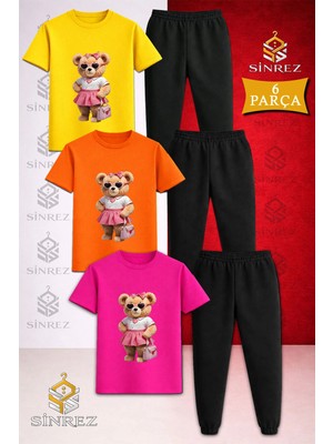 Çocuk Ayıcık Pembe Etek Canta Baskılı 3lü Tişort Eşofman Takımı