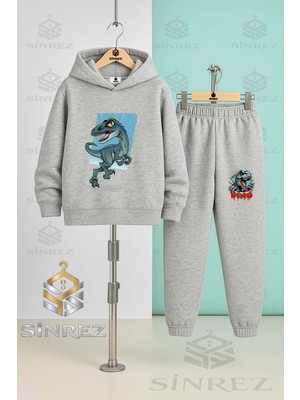 Çocuk Unısex Dınazor Turkuaz Tuval Kapşonlu Eşofman Takımı
