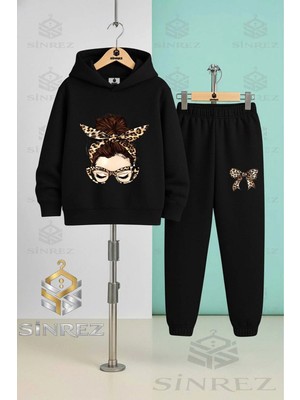 Çocuk Unısex Kız Leoparlı Kurdale Kapşonlu Eşofman Takımı