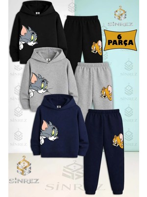 Çocuk Unısex Tom ve Jerry Kafalar Yanda 3lu Kapşonlu Eşofman Takımı