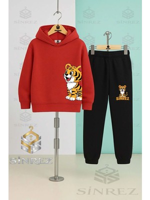 Çocuk Unısex Kaplan Sol Yan Baskılı Kapşonlu Eşofman Takımı