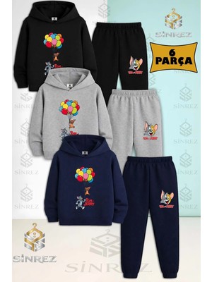 Çocuk Unısex Tom ve Jerry Balonlu 3lu Kapşonlu Eşofman Takımı