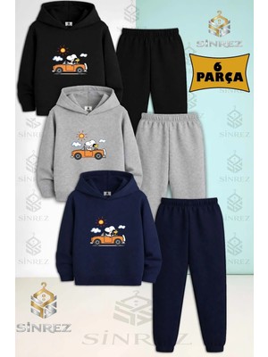 Çocuk Unısex Snopy Araba 3lü Kapşonlu Eşofman Takımı