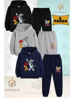 Çocuk Unısex Tom ve Jerry Elınde Peynır 3lu Kapşonlu Eşofman Takımı