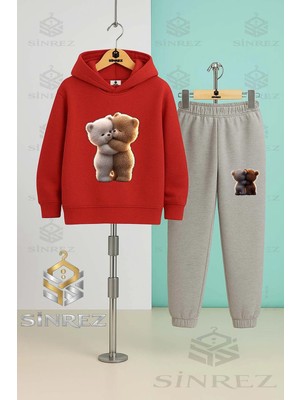 Çocuk Unısex Ayıcık Sarılan 2lı Kapşonlu Eşofman Takımı