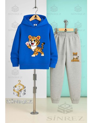 Çocuk Unısex Kaplan Tek Patı Havada Baskılı Kapşonlu Eşofman Takımı