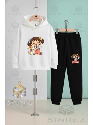 Çocuk Unısexsınrez Kız Kopekle Sarılan Baskılı Kapşonlu Eşofman Takımı