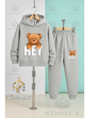Çocuk Unısex Ayıcık Hey Yazısı Ustunde Kapşonlu Eşofman Takımı