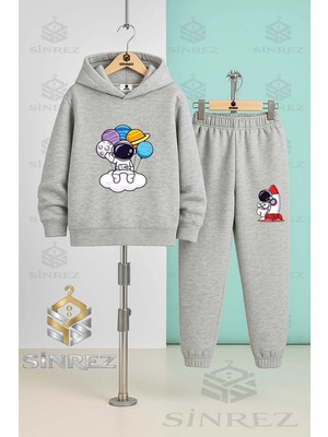 Çocuk Unısex Astronot Bulut Elınde Gezegenler Kapşonlu Eşofman Takımı