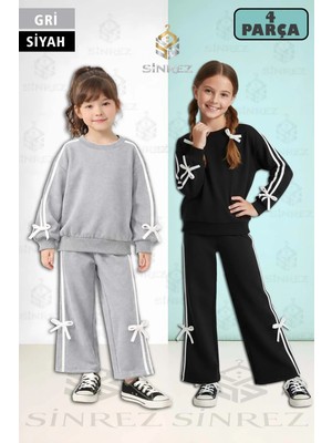 Kız Çocuk 2li Fiyonk Detaylı Kurdeleli Sıfır Yaka Eşofman Takımı
