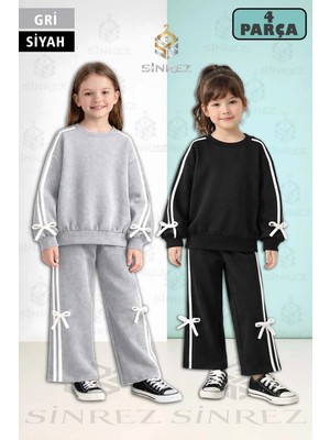 Kız Çocuk Sıfır Yaka Kurdeleli Fiyonk Detaylı 2lı Eşofman Takımı