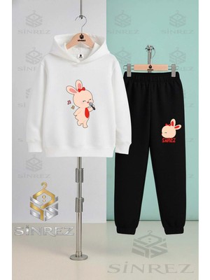 Çocuk Unısex Tavsan Mıkrofonlu Baskılı Kapşonlu Eşofman Takımı