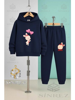 Çocuk Unısex Tavsan Kalp Balon Onde Baskılı Kapşonlu Eşofman Takımı