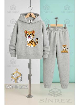 Çocuk Unısex Kaplan Oturan Baskılı Kapşonlu Eşofman Takımı