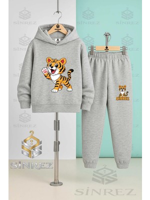 Çocuk Unısex Kaplan Tek Patı Havada Baskılı Kapşonlu Eşofman Takımı