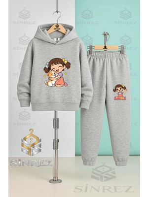 Çocuk Unısexsınrez Kız Kopekle Sarılan Baskılı Kapşonlu Eşofman Takımı