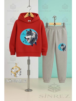 Çocuk Unısex Kurt Grı Turkuaz Tvl Kapşonlu Eşofman Takımı