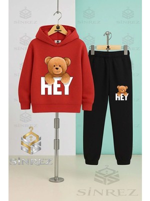 Çocuk Unısex Ayıcık Hey Yazısı Ustunde Kapşonlu Eşofman Takımı