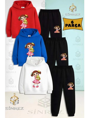 3'lü Takım Çocuk Unısex Kız Kaplumbaga Kolda Baskılı Kapşonlu Eşofman Takımı