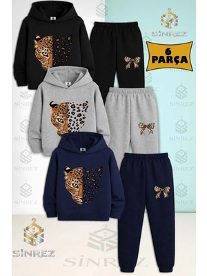 Çocuk Unısex Leopar Unısex Kafa Buyuk 3'lü Kapşonlu Eşofman Takımı