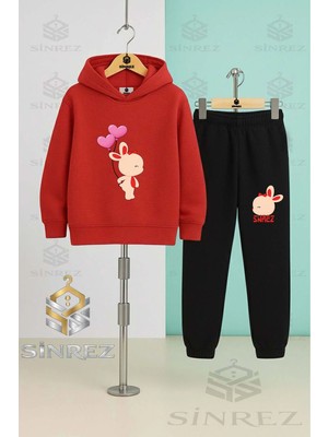 Çocuk Unısex Tavsan Kalp Balon Arkada Baskılı Kapşonlu Eşofman Takımı