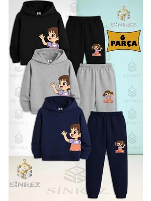 3'lü Takım Çocuk Unısex Kız Sol Yan Baskılı Kapşonlu Eşofman Takımı
