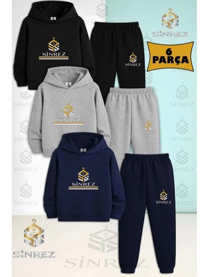 3'lü Takım Çocuk Unısex Logo Alt Ikı Cızgı Baskılı Kapşonlu Eşofman Takımı