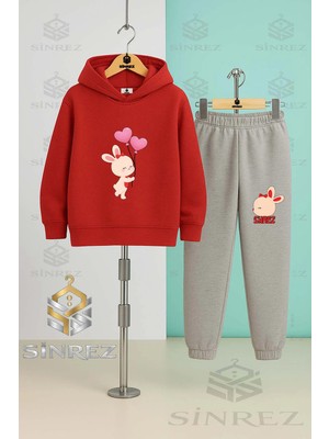 Çocuk Unısex Tavsan Kalp Balon Onde Baskılı Kapşonlu Eşofman Takımı