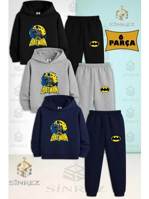 3'lü Çocuk Unısex Btman Daırede Alt Yazılı Baskılı Kapşonlu Eşofman Takımı