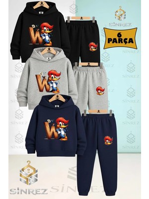 3'lü Çocuk Unısex Ağaçkakan W Yanında Kapşonlu Eşofman Takımı