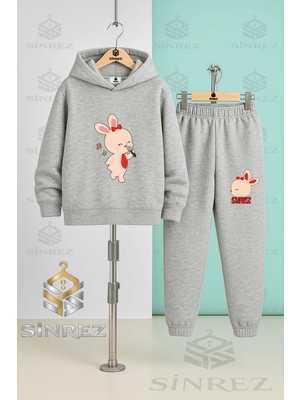Çocuk Unısex Tavsan Mıkrofonlu Baskılı Kapşonlu Eşofman Takımı