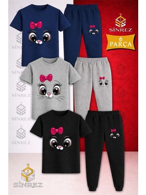 Çocuk Kedı Göz Pembe Kurdele Baskılı 3lü Tişort Eşofman Takımı