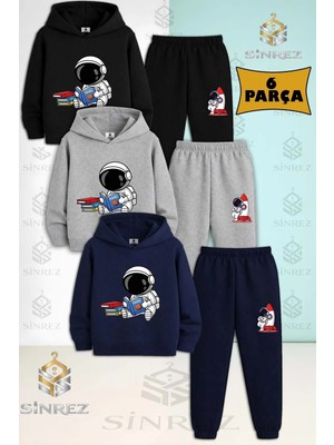 3'lü Çocuk Unısex Astronot Kıtap Okuyan Baskılı Kapşonlu Eşofman Takımı