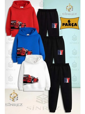 3'lü Çocuk Unısex Araba Kırmızı Sag Yan Baskılı Kapşonlu Eşofman Takımı