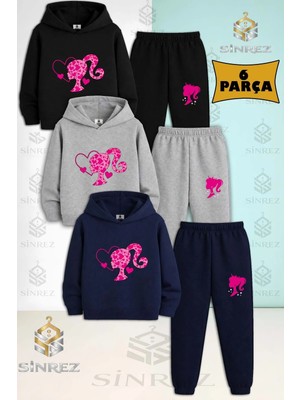 3'lü Çocuk Unısex Prenses Brby Kafa Kalpli Baskılı Kapşonlu Eşofman Takımı