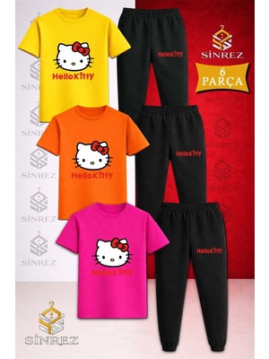 Çocuk Hello Kıtty Kırmızı Yazılı Baskılı 3lü Tişort Eşofman Takımı