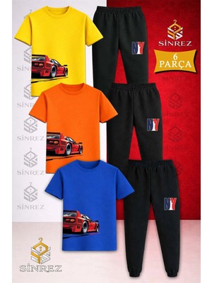 Çocuk Araba Kırmızı Sag Yan Baskılı 3lü Tişort Eşofman Takımı