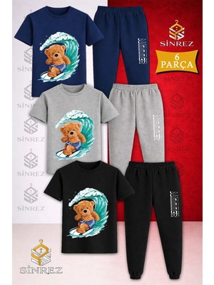 Çocuk Ayıcık Sortlu Surf Baskılı 3lü Tişort Eşofman Takımı