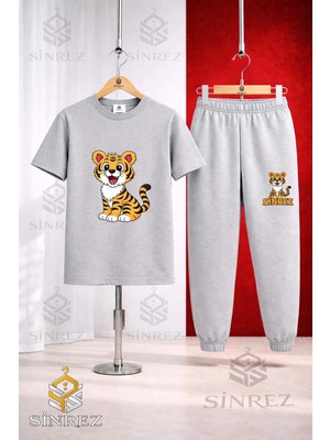 Çocuk Kaplan Oturan Baskılı Tişort Eşofman Takımı