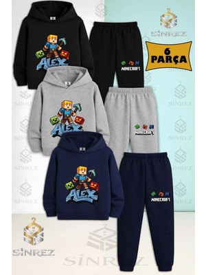 3'lü Takım Çocuk Unısex Aleks Mavı Baltalı Baskılı Kapşonlu Eşofman Takımı