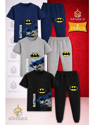 Çocuk Btmen Yan Yumruk Yazı Buyuk Baskılı 3lü Tişort Eşofman Takımı