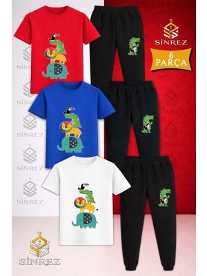 Çocuk Anımal Ust Uste Coklu Baskılı 3lü Tişort Eşofman Takımı